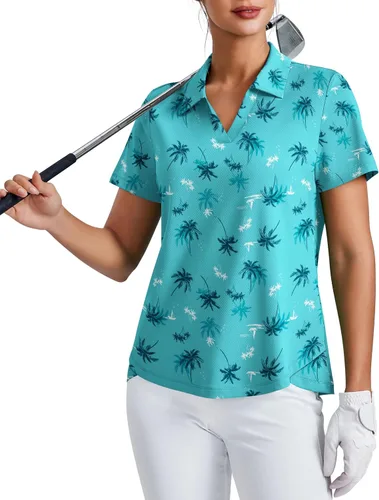 Miniatura 10 de PINSPARK Camiseta de golf para mujer, de manga corta, con protección UPF 50+, camiseta de tenis, cuello en V, para entrenamiento, ropa deportiva