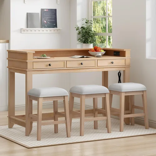 Miniatura 37 de JIVOIT Juego de mesa de comedor de 3 piezas con altura de mostrador, juego de comedor de madera maciza con 2 taburetes tapizados, mesa de comedor