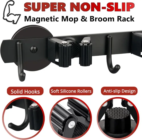 Miniatura 3 de ULIBERMAGNET Soporte Magnético para Trapeador y Escoba, Soporte Magnético de Servicio Pesado Móvil para Escobas, Colgador Antideslizante Montado