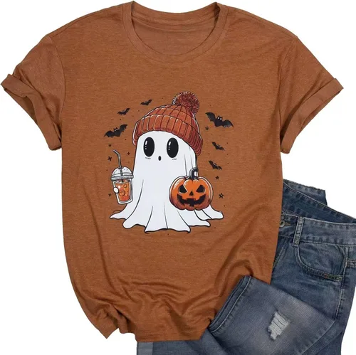 Miniatura 26 de Woffccrd - Camisetas divertidas con estampado de calabaza y leopardo para mujer, camisetas gráficas de manga corta de Halloween para mujer