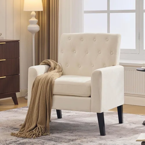 Miniatura 3 de Sillas decorativas modernas de mediados de siglo, silla de oficina de felpilla beige para recepción, silla de club tapizada para sala de estar