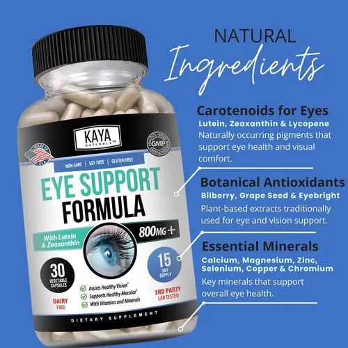 Miniatura 5 de Kaya Naturals Suplemento de salud ocular, luteína y zeaxantina, salud de la visión, apoyo a la fatiga ocular 800 mg Suplemento vitamínico 30 cápsulas