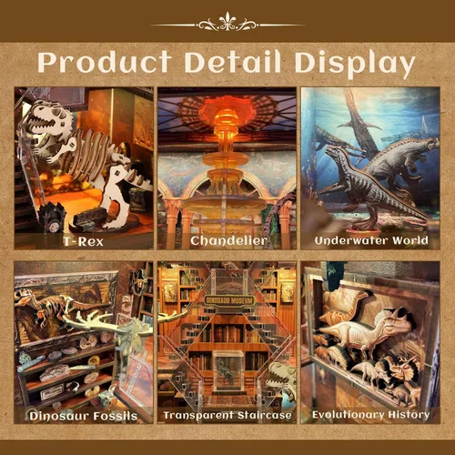 Miniatura 3 de Kit de rincón de libros para adultos – Registro de museo de dinosaurios, rompecabezas de casa de muñecas 3D de madera con luces LED, decoración