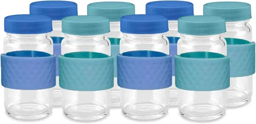 Botellas de vidrio para zumo con tapas, transparentes, 2 onzas, tapas de colores y bandas de agarre de silicona, almacenamiento de bebidas, jugos,