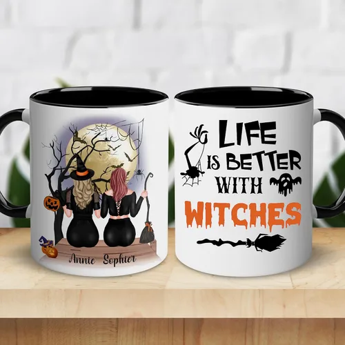 Miniatura 2 de WHIDOBE Taza de café personalizada de Halloween (2 brujas), taza de café personalizada de 11 o 15 onzas para mujeres, hermana, mejor amiga, taza