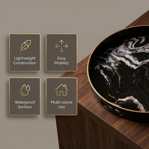 Miniatura 6 de Bandeja decorativa redonda, plástico mármol con asas, tocador moderno y para servir otomana, mesa auxiliar, cocina y baño, tamaño 13 pulgadas, negro