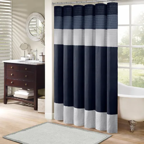 Madison Park Amherst Cortina de Ducha para Baño de Seda Sintética con Piezas a Rayas Moderna Cortina de Baño de Microfibra, 72x72 Pulgadas, Azul