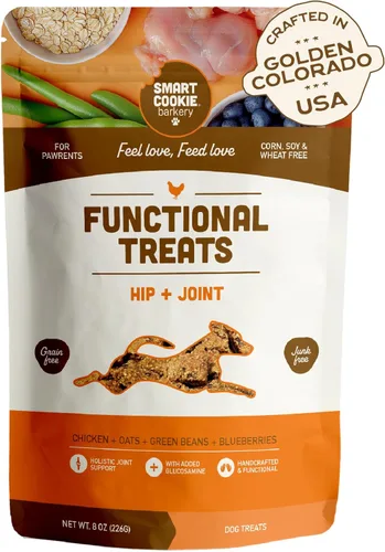 Smart Cookie All Natural Dog Treats - Galletas saludables para perros de pollo para cadera y articulaciones con glucosamina, ideales para perros