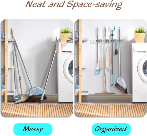 Miniatura 3 de OUTNILI Paquete de 2 Soporte para Escoba y Trapeador de Montaje en Pared - Colgador de Escoba y Trapeador de Madera Blanca - Organizador de Rack