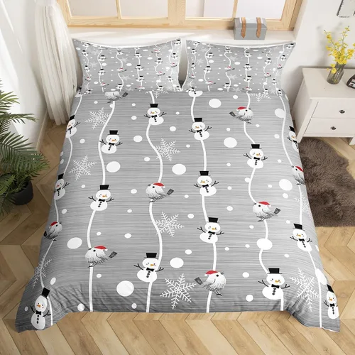Miniatura 12 de Juego de ropa de cama de 3 piezas con diseño de muñeco de nieve, funda de edredón con temática de invierno, funda de edredón con temática de Feliz