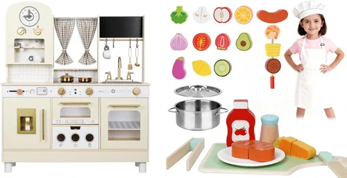 EDUBEBO Juego de cocina blanco de madera para niños con altura ajustable + juguetes de cortar alimentos - Juego de juego de simulación 3 en 1 para