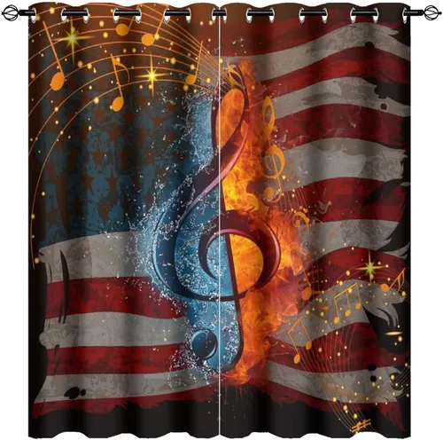 Miniatura 30 de Cortinas opacas de oscurecimiento de habitación con ojales, diseño rústico de símbolos musicales blancos y negros, tratamiento de ventana
