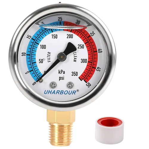 Medidor de presión de agua, medidor de presión de filtro de piscina relleno de glicerina 0-50 PSI/350KPA, dial de 2 pulgadas y montaje inferior NPT