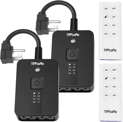 Miniatura 8 de TiFFCOFiO Temporizador para exteriores impermeable, control remoto con sensor de atardecer a amanecer, 2 tomas eléctricas con conexión a tierra