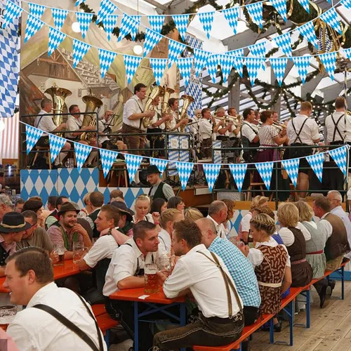 Miniatura 5 de Ahfulife Pancarta de bandera bávara de Oktoberfest de 32.8 pies para decoraciones de Oktoberfest, pancarta de Oktoberfest con 30 banderas