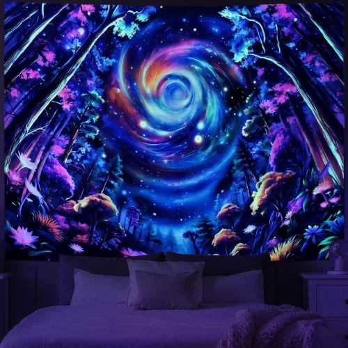 Miniatura 2 de Tushelia Tapiz espacial de galaxia con luz negra, tapiz reactivo a los rayos UV, tapiz de árbol de bosque con plantas florales, tapiz que brilla