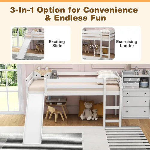 Miniatura 4 de DORTALA Cama alta individual con tobogán, marco de cama individual para niños, niños pequeños, jóvenes, cama baja con tobogán, escalera, rieles