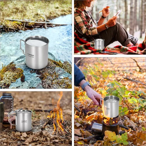 Miniatura 8 de LIXADA Taza para acampar, taza de agua de acero inoxidable de 25.4 fl oz con asas plegables y tapa para acampar al aire libre, senderismo, mochilero