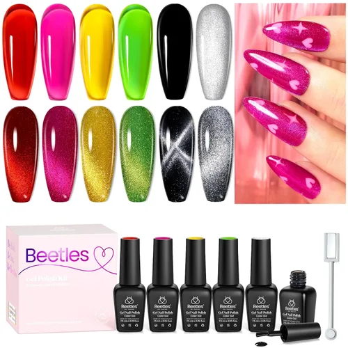 Beetles - Juego de esmalte de uñas de gel de 6 colores, ojo de gato plateado, gel transparente rojo, rosa, amarillo, verde, negro, con efecto de