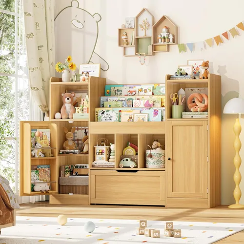 Miniatura 5 de FOTOSOK Organizador de almacenamiento de juguetes con 2 puertas y cajón móvil, organizadores de juguetes de 55.2 pulgadas de ancho y almacenamiento
