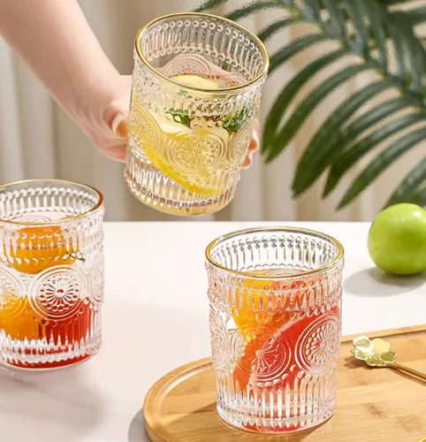 Miniatura 7 de Juego de 2 vasos vintage de 10 onzas para beber de cristal transparente, bonitas tazas de vidrio con girasol en relieve para café helado, té, jugo