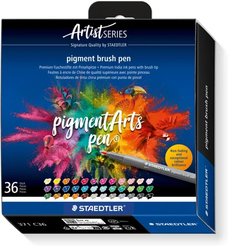 STAEDTLER Pigment Arts Rotulador de Pincel de Tinta Múltiple, Colores Básicos Surtidos, 36 unidades, Rotuladores de Punta de Fibra con Punta de 36