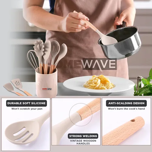 Miniatura 5 de Juego de utensilios de cocina de 34 piezas, utensilios de cocina de silicona con asas de madera, resistentes al calor, antiadherentes, juego