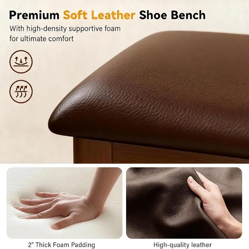 Miniatura 7 de Banco de zapatos con cojín de cuero, banco de entrada de madera maciza rústica con 2 estantes ajustables en altura y extraíbles para pasillo, sala
