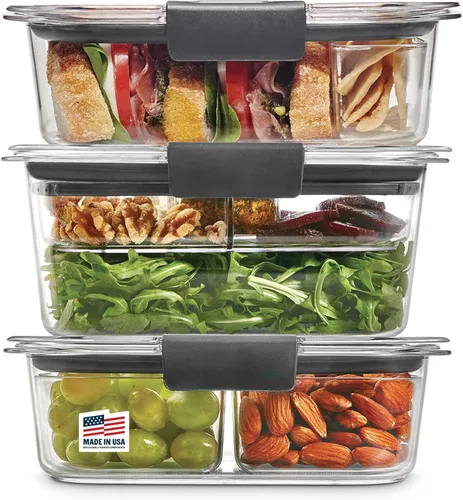 Rubbermaid Brilliance - Juego de 3 recipientes de almacenamiento de alimentos sin BPA con tapas, bandejas extraíbles, herméticos, a prueba de fugas,