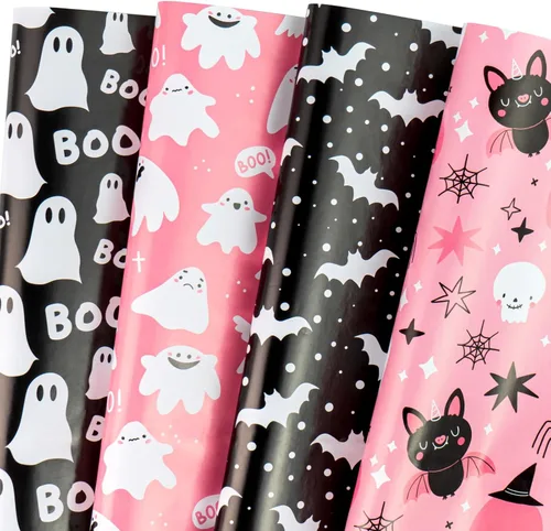 Miniatura 19 de WRAPAHOLIC Hoja de papel de regalo de Navidad, 12 hojas de diseño de árbol de Navidad rosa y casa, plegada plana con 12 etiquetas de regalo