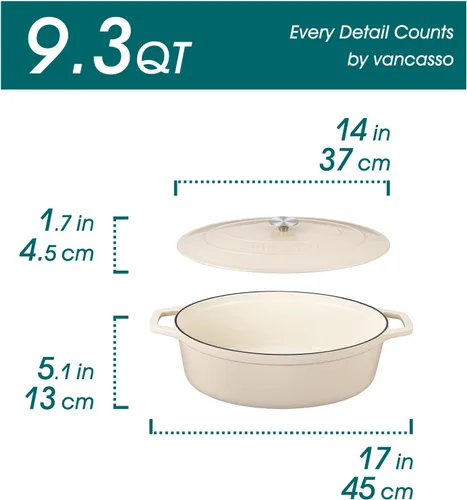 Miniatura 2 de vancasso Horno holandés de hierro fundido esmaltado, olla holandesa de 9.3 cuartos de galón con tapa, olla ovalada de hierro fundido con Crema