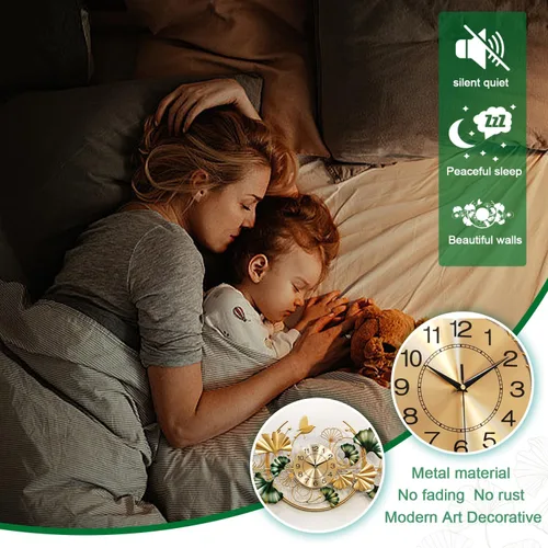 Miniatura 4 de Reloj de pared grande, reloj de pared decorativo de hoja de ginkgo único, decoración de pared de flor de metal dorado de lujo, reloj silencioso