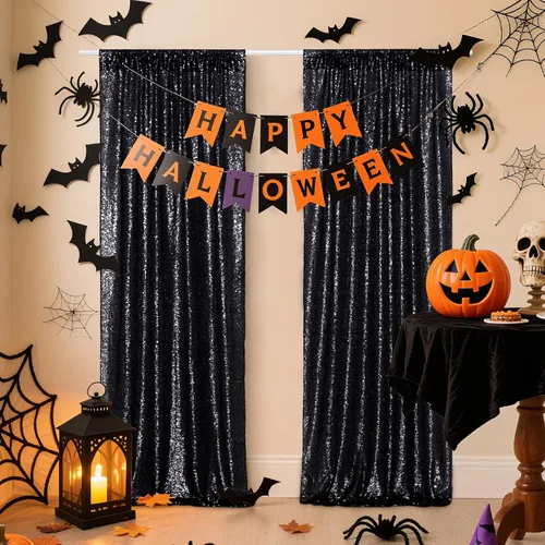 Miniatura 7 de Poise3EHome Cortinas de fondo de lentejuelas negras, 2 paneles de 2 x 8 pies con purpurina para cabina de fotos para Halloween, cumpleaños, Negro