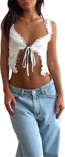 Miniatura 2 de Women Lace Trim Cami Tanks Sleeveless Tie Up Crop Shirt Tops Slim Fit Retro Open Front Cardigan Fairy Y2k Tank Top
