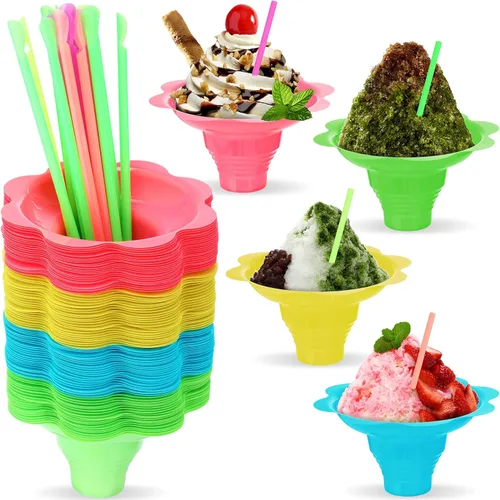 Skylety Juego de 100 tazas de cono de nieve de flores coloridas con cucharas y pajitas, cuenco de cono de nieve de 8 onzas, cuencos de plástico para