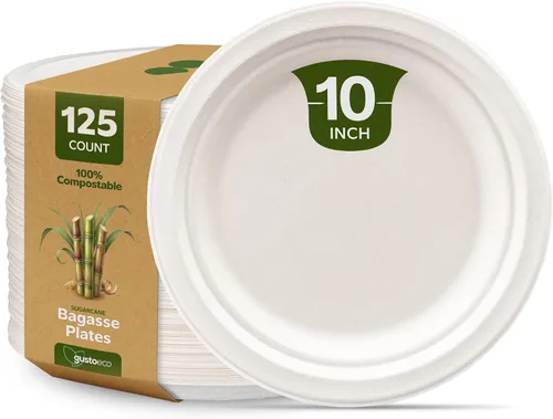 Miniatura 11 de GUSTO Platos de papel de caña de azúcar 100% compostables, resistentes, ecológicos, biodegradables, blancos, 10 pulgadas, 3 compartimentos, 125