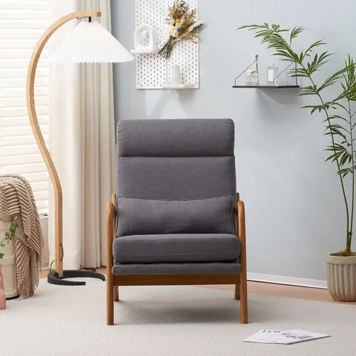 Miniatura 4 de SSLine Sillón tapizado moderno de tela de lino suave con almohada y marco de madera de roble, cómodo sofá individual con respaldo alto, silla