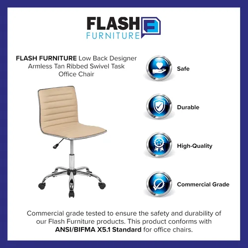 Miniatura 14 de Flash Furniture - Silla de oficina giratoria sin reposabrazos, de color tostado, acanalada, de diseño, respaldo bajo Bronceado/Cromo