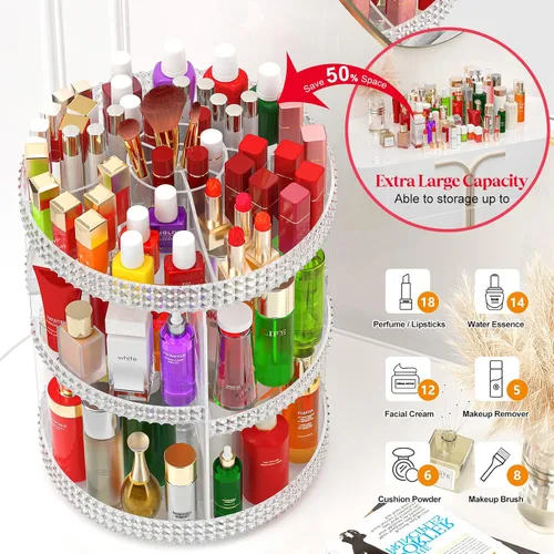 Miniatura 3 de Awenia Organizador de maquillaje giratorio de 360 grados, almacenamiento de maquillaje ajustable, 7 capas de gran capacidad, unidad