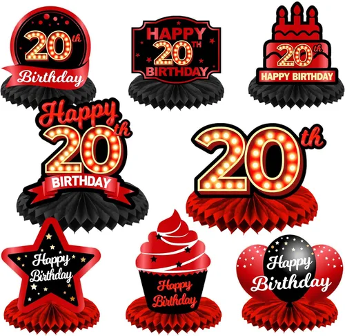 Miniatura 50 de Feliz Cumpleaños 15 Centros de Mesa de Panal Rojo y Negro Globos Decoración Temática de Mesa Decoraciones de Mesa Adornos de Mesa para Niñas Mujeres