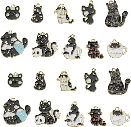 LiQunSweet 30 piezas de 10 estilos esmaltados de animales para mascotas, lindos dijes de gato negro para bricolaje, aretes, collares, pulseras,