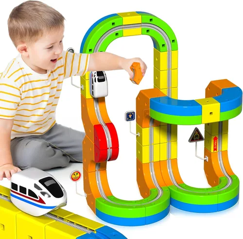 Miniatura 7 de Juego de Tren Eléctrico para Niños, Set de Pista de Carreras 3D de 69 Piezas con Tren Eléctrico, Señales de Tráfico, Set de Juguetes de Tren STEM