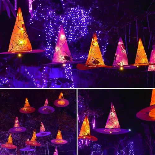 Miniatura 2 de WATERGLIDE Decoraciones de Halloween, 8 sombreros de bruja colgantes iluminados, con 8 modos de iluminación, cadena de luces de Halloween de 16