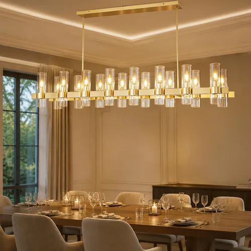 Candelabros Lineales Dorados para Comedor, Candelabro Rectangular de 54" con Vidrio, Candelabros Modernos de 16 Luces Sobre Mesa, Candelabro Estilo