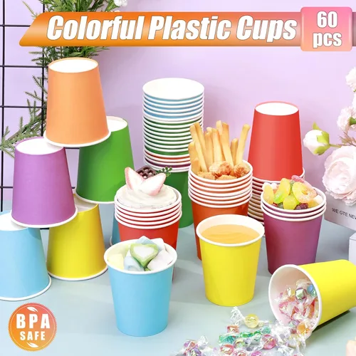 Miniatura 5 de KesaPlan 60 vasos de papel desechables de 9 onzas, vasos de plástico para fiestas, vasos de papel arcoíris, 6 colores para bebidas frías calientes