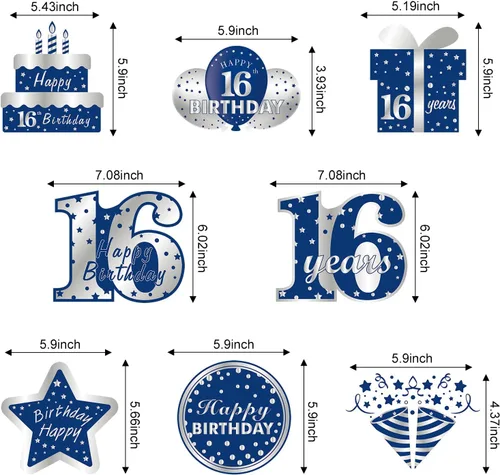 Miniatura 3 de Decoraciones colgantes de 16 cumpleaños azul y plateado para niños, 16 piezas de feliz cumpleaños de 16 años, suministros de fiesta de remolinos