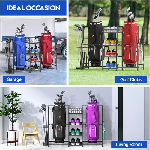 Miniatura 6 de samstar Organizador de garaje de almacenamiento de golf, soporte de almacenamiento para bolsas de golf, 2 bolsas de golf y accesorios para equipos