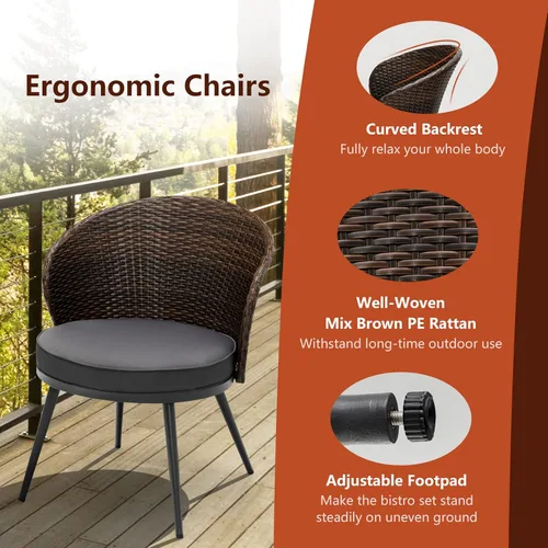Miniatura 8 de Tangkula Juego de 3 piezas de ratán para patio, juego de conversación de mimbre para exteriores con 2 cojines de asiento, mesa de vidrio templado