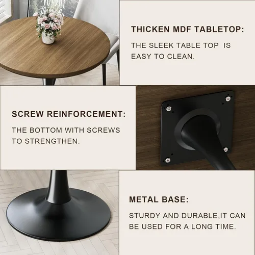 Miniatura 7 de Mesa pequeña de tulipanes de 24 pulgadas para 2 personas, mesa de comedor redonda de nogal para cocina, mesa moderna de mediados de siglo con base