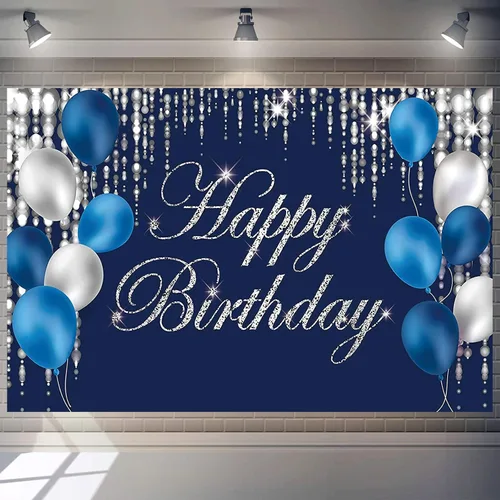 Miniatura 8 de Cartel de fondo de feliz cumpleaños azul marino y plateado para hombres, mujeres, fondo de fotografía de jubilación, suministros de decoración